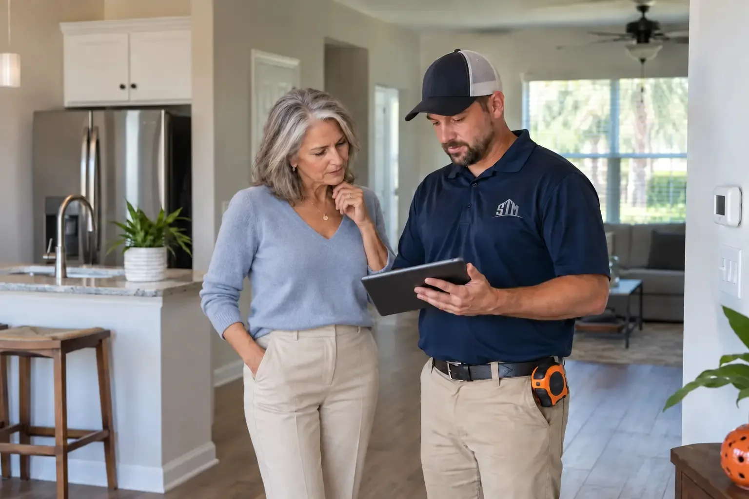 A professional property owner reviews a plan with an STM technician