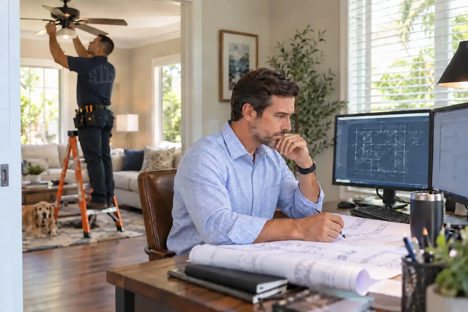 A busy professional stays focused while a property-services technician handles a home repair